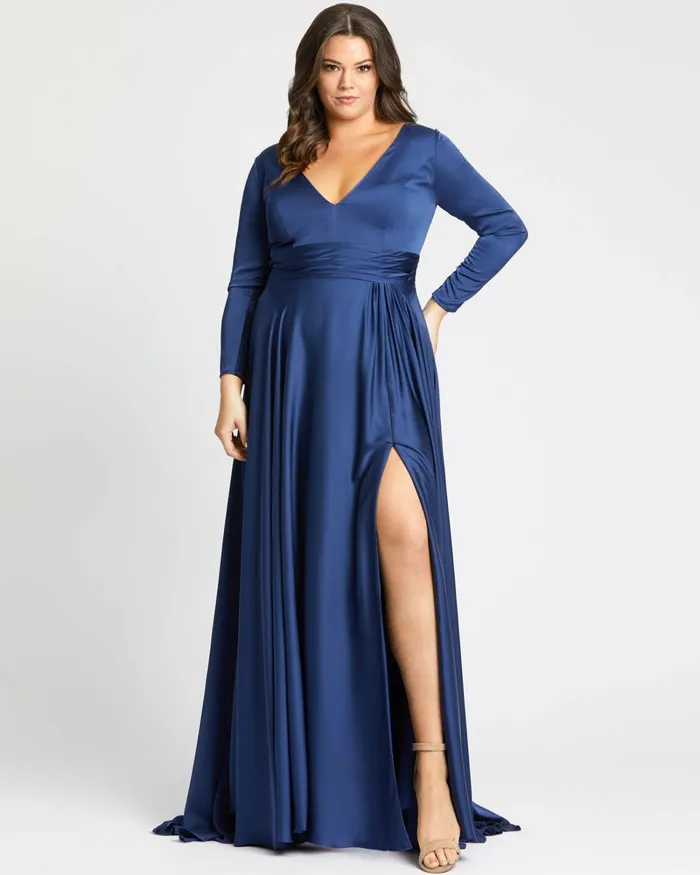 Classic Satin Long Sleeve Evening Gown Plus 8211 FINAL SALE MIDNIGHT Women Plus Size Dresses Mac Duggal