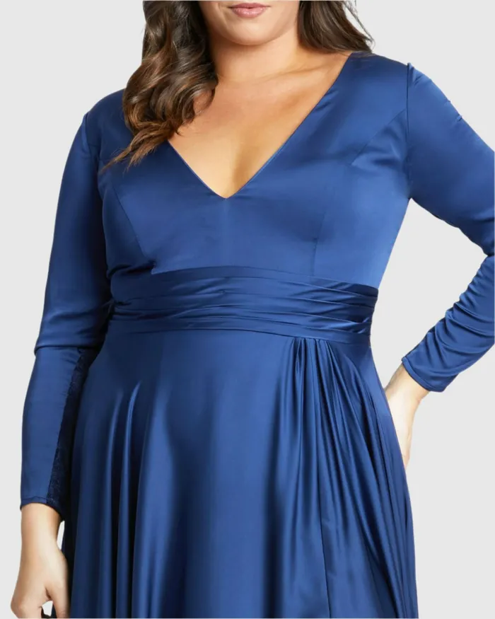 Classic Satin Long Sleeve Evening Gown Plus 8211 FINAL SALE MIDNIGHT Women Plus Size Dresses Mac Duggal
