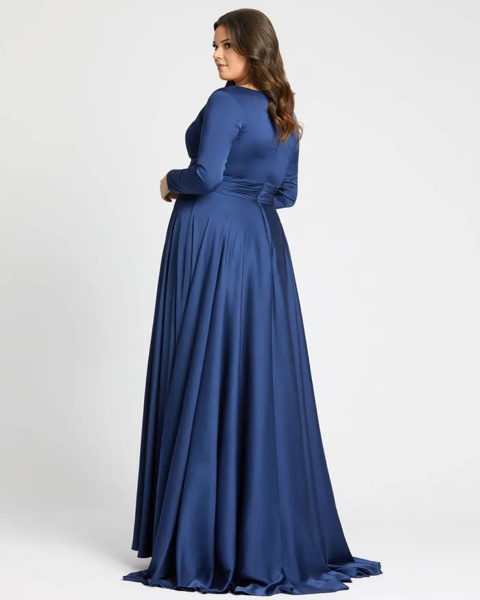 Classic Satin Long Sleeve Evening Gown Plus 8211 FINAL SALE MIDNIGHT Women Plus Size Dresses Mac Duggal