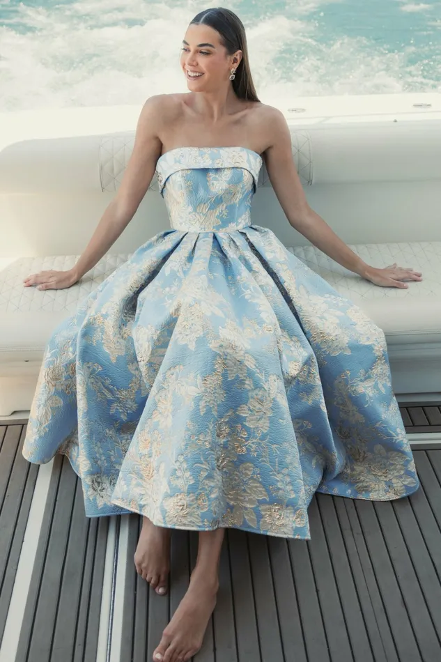 Cocktail Dresses Strapless Brocade Midi Dress with Pockets Blue Multi Mac Duggal Women