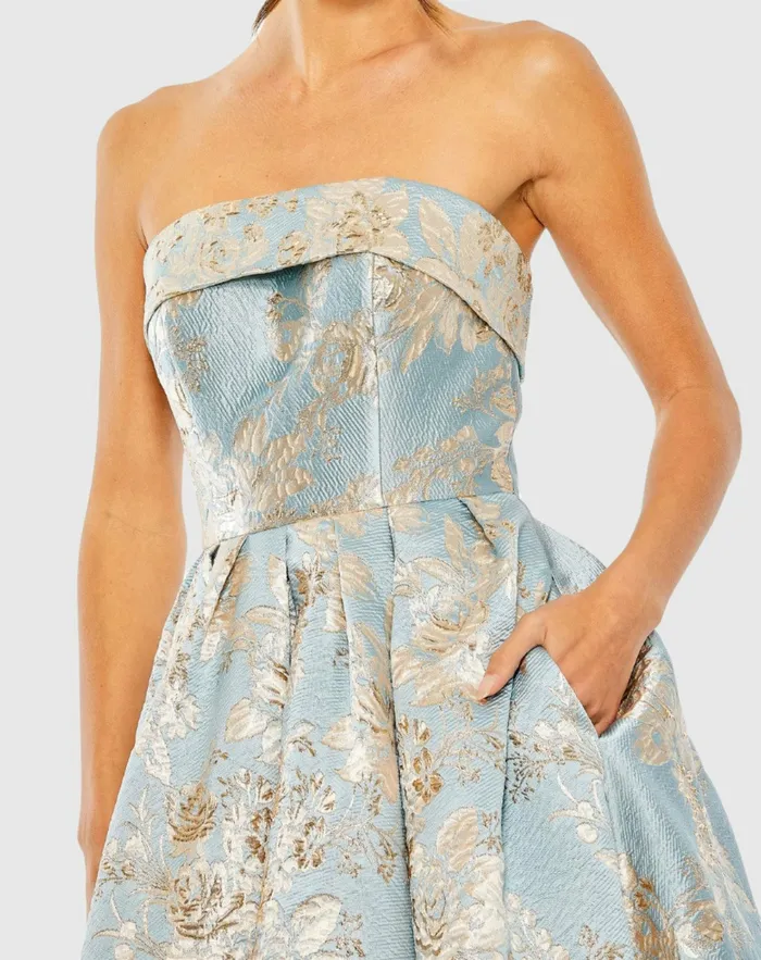Cocktail Dresses Strapless Brocade Midi Dress with Pockets Blue Multi Mac Duggal Women