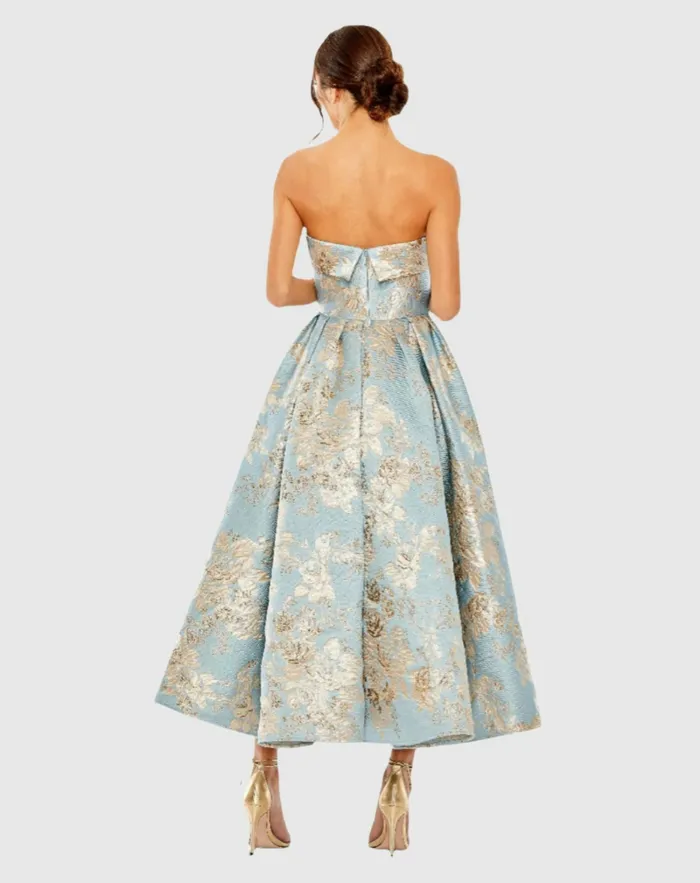 Cocktail Dresses Strapless Brocade Midi Dress with Pockets Blue Multi Mac Duggal Women