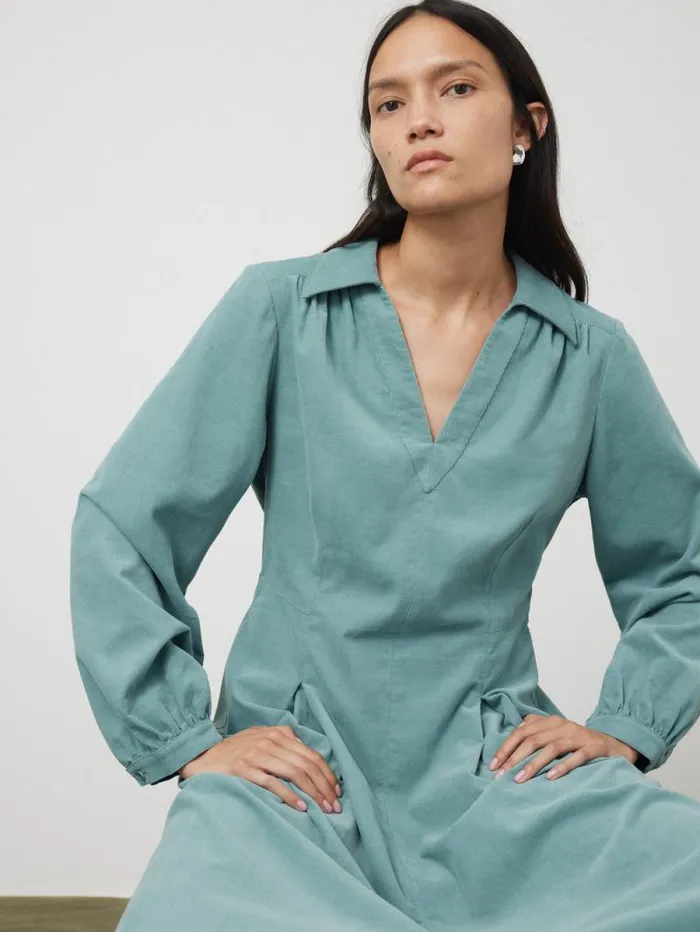 Corduroy V Neck Dress Blue Women Jigsaw Dresses and Jumpsuits