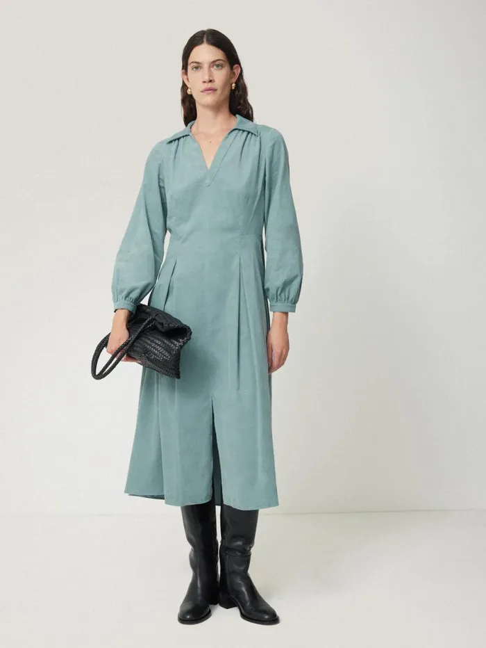 Corduroy V Neck Dress Blue Women Jigsaw Dresses and Jumpsuits