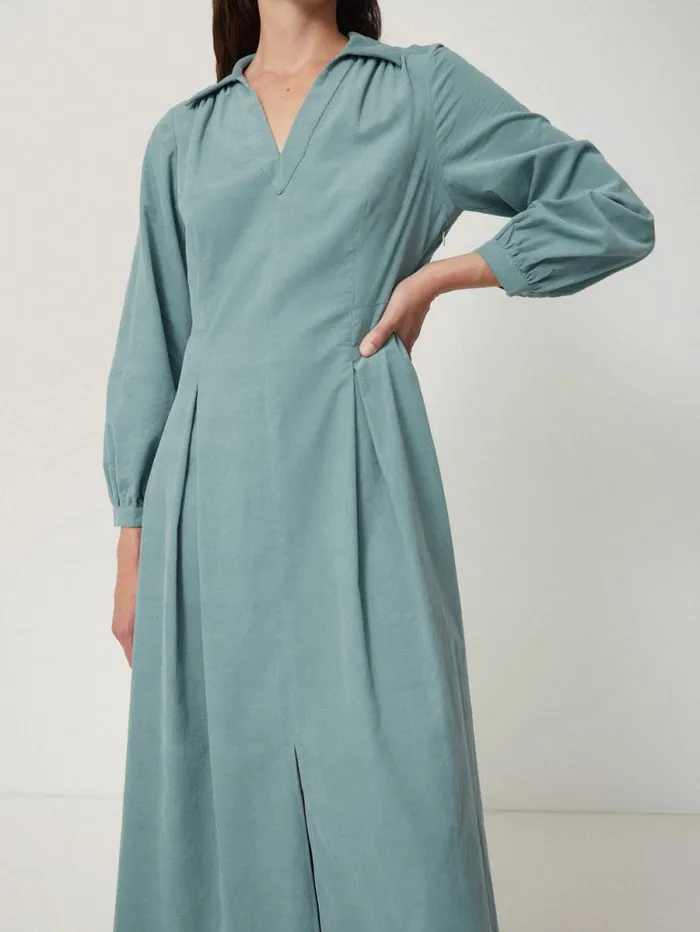 Corduroy V Neck Dress Blue Women Jigsaw Dresses and Jumpsuits