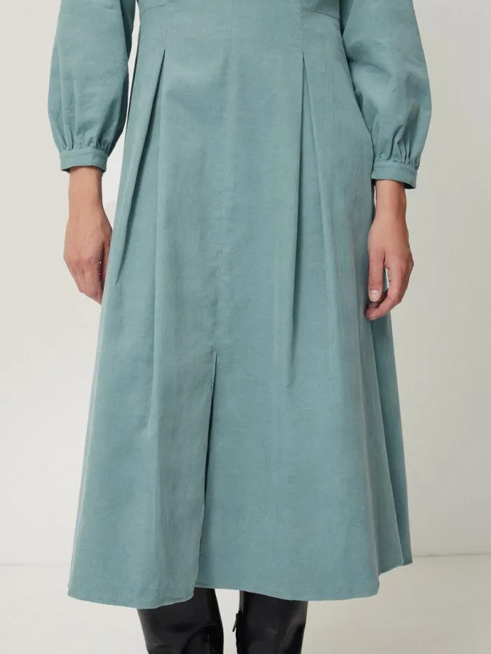 Corduroy V Neck Dress Blue Women Jigsaw Dresses and Jumpsuits