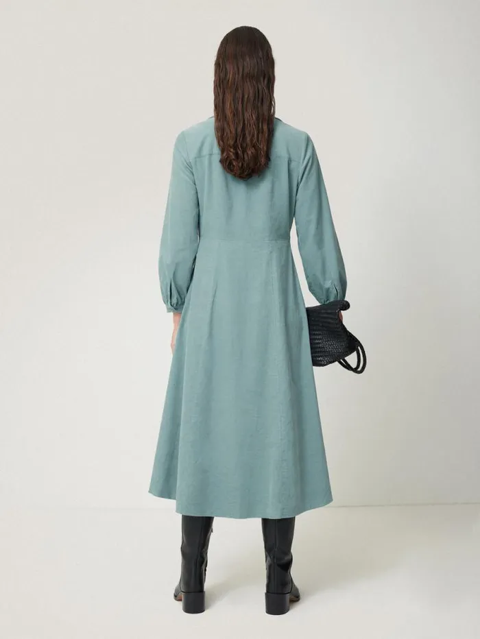 Corduroy V Neck Dress Blue Women Jigsaw Dresses and Jumpsuits
