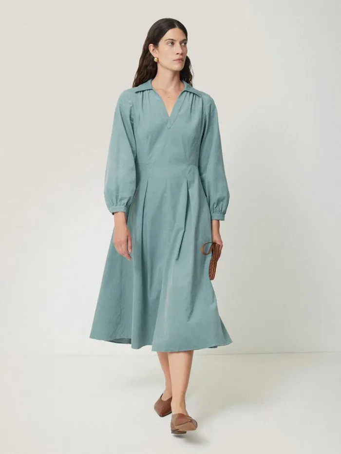 Corduroy V Neck Dress Blue Women Jigsaw Dresses and Jumpsuits