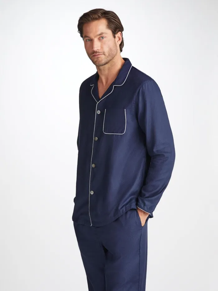 Cotton Pajamas Men Derek Rose Modern Fit Pajamas Lombard 6 Cotton Jacquard Navy