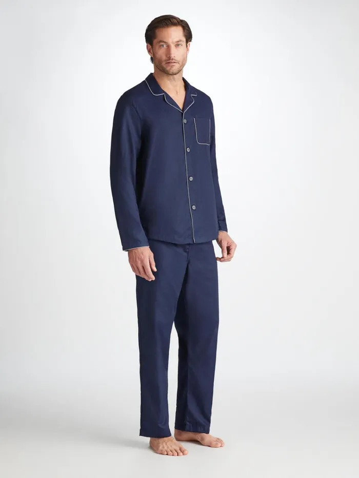 Cotton Pajamas Men Derek Rose Modern Fit Pajamas Lombard 6 Cotton Jacquard Navy