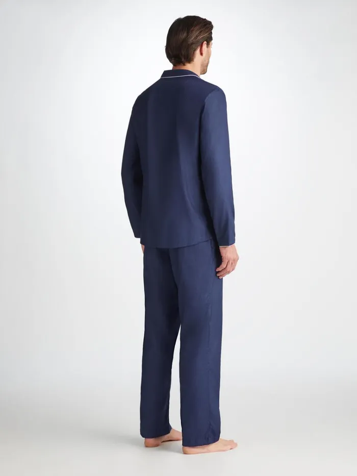 Cotton Pajamas Men Derek Rose Modern Fit Pajamas Lombard 6 Cotton Jacquard Navy