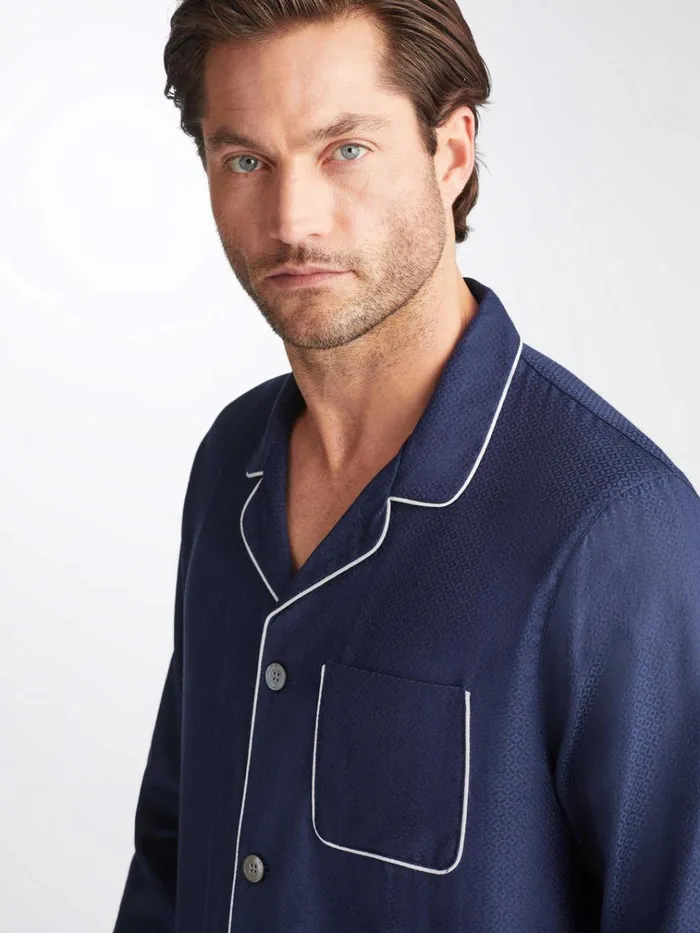 Cotton Pajamas Men Derek Rose Modern Fit Pajamas Lombard 6 Cotton Jacquard Navy