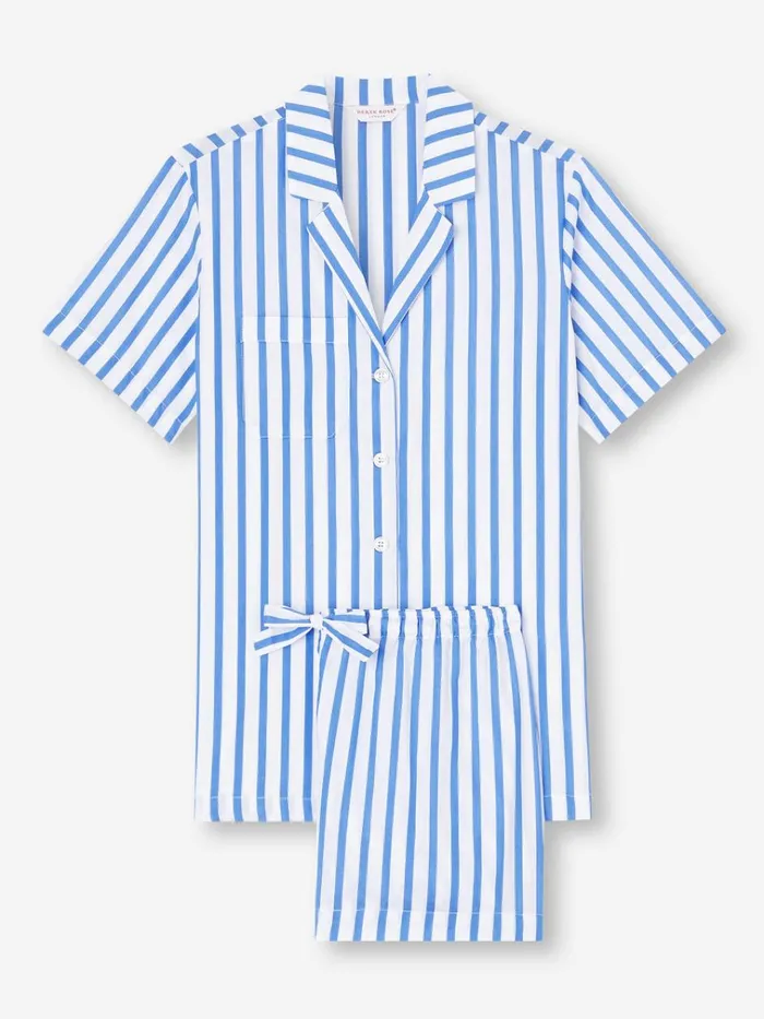 Cotton Pajamas Women Derek Rose Short Pajamas Capri 23 Cotton Batiste Blue