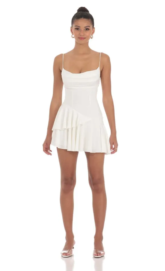 Cowl Neck Asymmetrical Ruffle Dress White Women LUCY IN THE SKY Mini Dresses