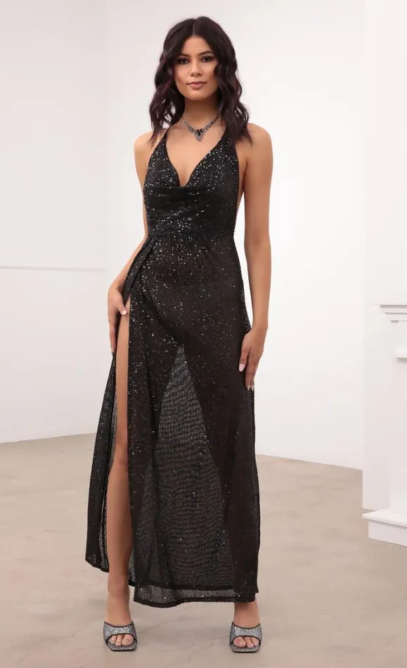 Cowl Neck Maxi Dress Black Sequin Women LUCY IN THE SKY Maxi Dresses Cowl Neck Maxi Dress Black Sequin Women LUCY IN THE SKY Maxi Dresses