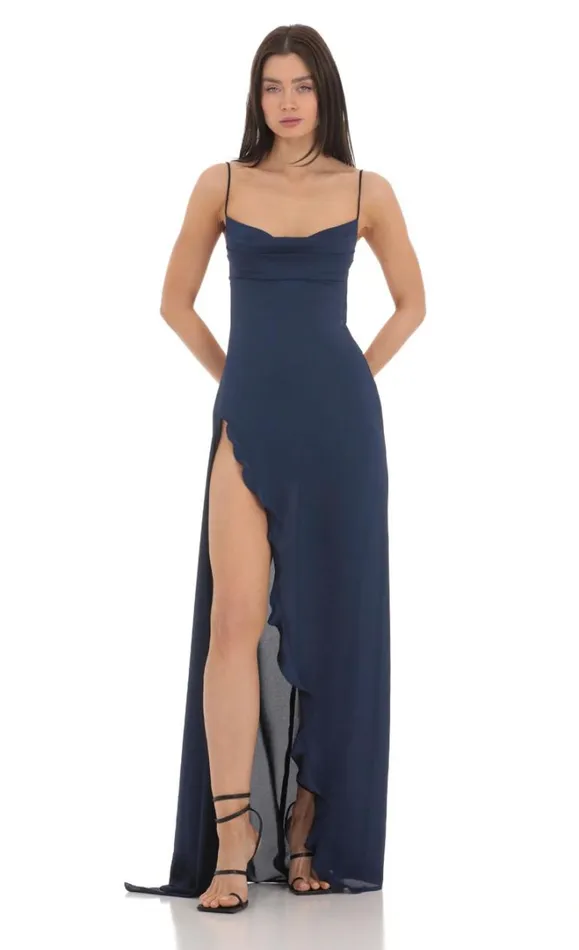Cowl Neck Satin Open Back Maxi Dress Navy Women LUCY IN THE SKY Maxi Dresses