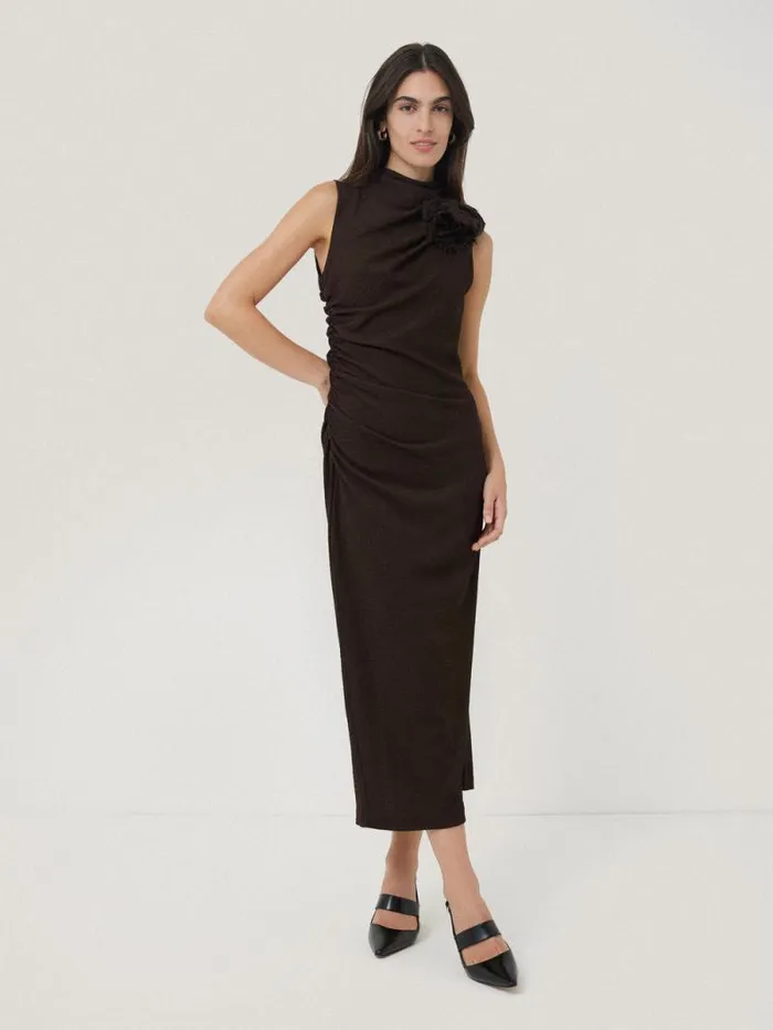 Crinkle Ruched Corsage Dress Dark Brown Women Jigsaw Dresses and Jumpsuits