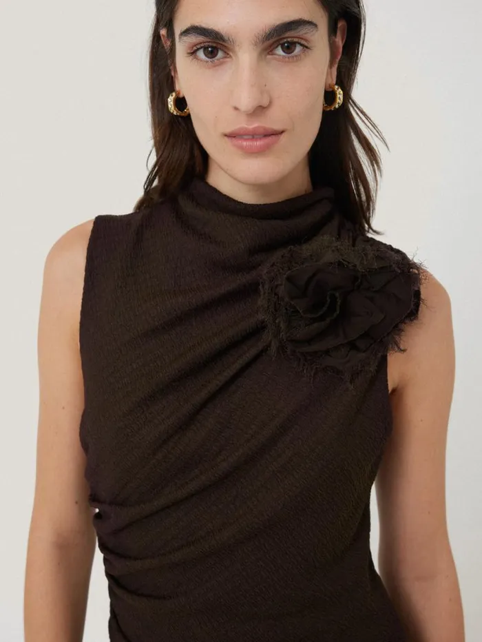 Crinkle Ruched Corsage Dress Dark Brown Women Jigsaw Dresses and Jumpsuits