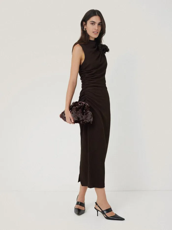 Crinkle Ruched Corsage Dress Dark Brown Women Jigsaw Dresses and Jumpsuits