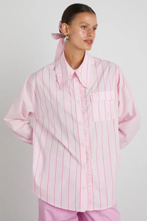 Damson Madder Coords Women Kendall Ruffle Shirt 8211 Pink Stripe Mix