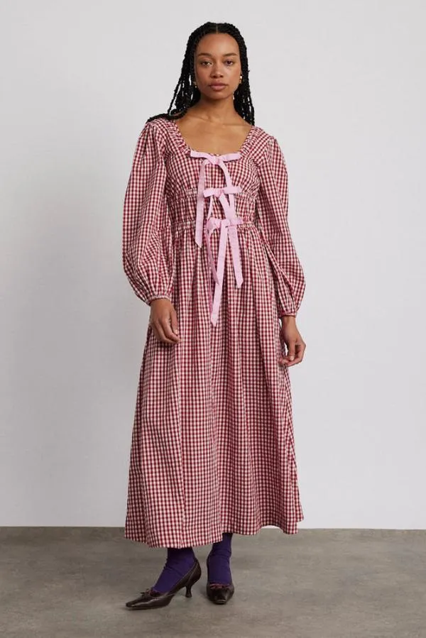 Damson Madder Dresses Women Dakota Bow Midi Dress 8211 Red Gingham
