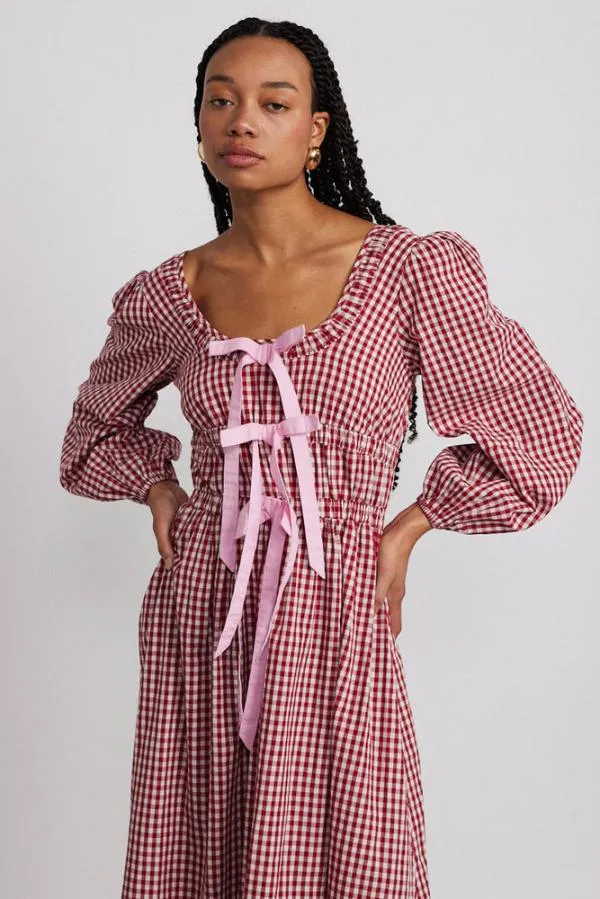 Damson Madder Dresses Women Dakota Bow Midi Dress 8211 Red Gingham