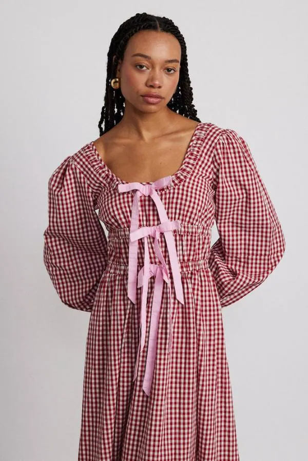 Damson Madder Dresses Women Dakota Bow Midi Dress 8211 Red Gingham