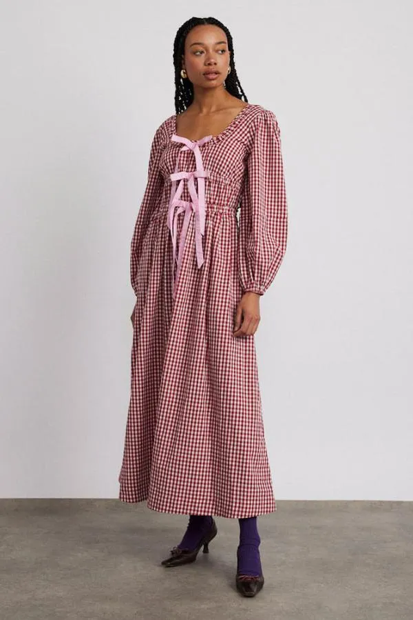 Damson Madder Dresses Women Dakota Bow Midi Dress 8211 Red Gingham