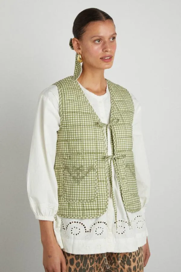 Damson Madder Gilets Women Arte Reversible Tie Gilet 8211 Green Gingham