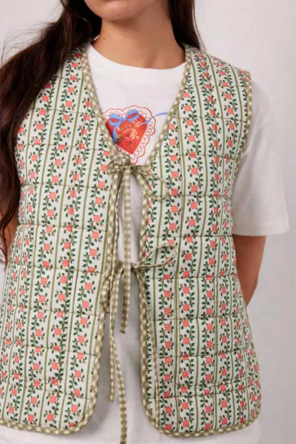 Damson Madder Gilets Women Arte Reversible Tie Gilet 8211 Green Gingham