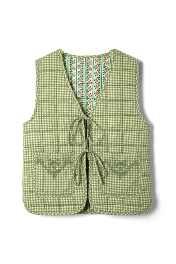 Damson Madder Gilets Women Arte Reversible Tie Gilet 8211 Green Gingham