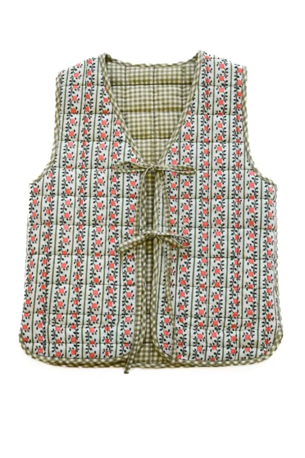 Damson Madder Gilets Women Arte Reversible Tie Gilet 8211 Green Gingham