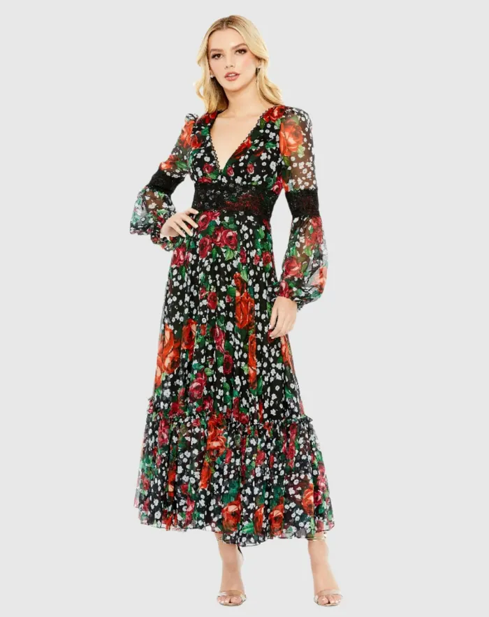 Daytime Dresses Mac Duggal Women Vneck Floral Long Puff Sleeve Ruffle Dress 8211 FINAL SALE Black Multi Daytime Dresses Mac Duggal Women Vneck Floral Long Puff Sleeve Ruffle Dress 8211 FINAL SALE Black Multi