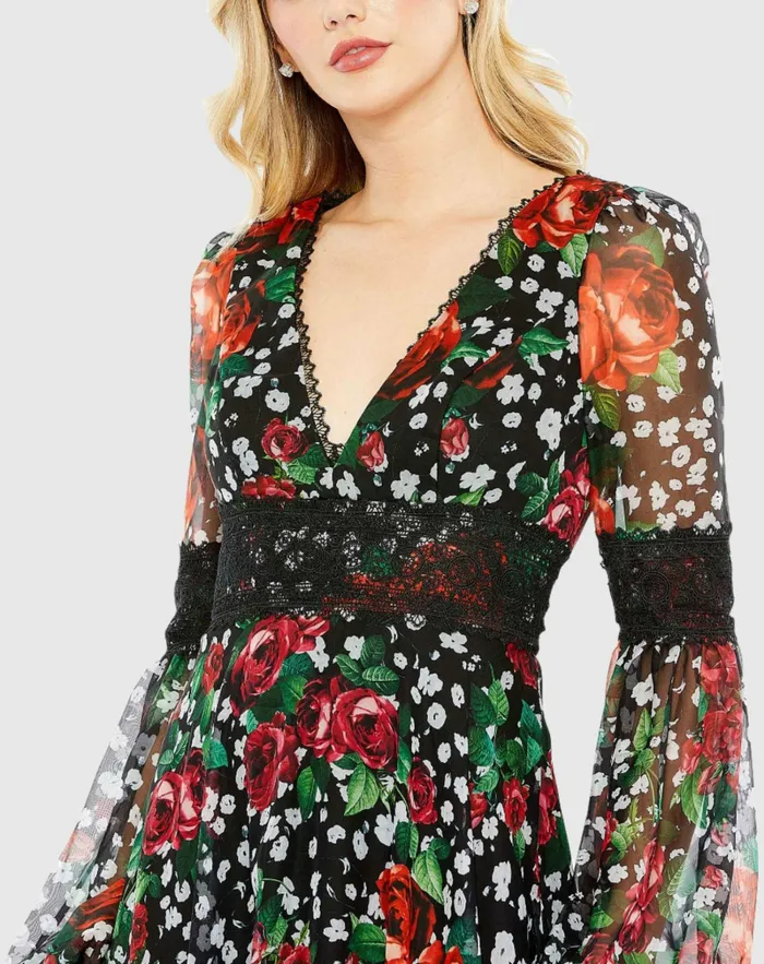 Daytime Dresses Mac Duggal Women Vneck Floral Long Puff Sleeve Ruffle Dress 8211 FINAL SALE Black Multi Daytime Dresses Mac Duggal Women Vneck Floral Long Puff Sleeve Ruffle Dress 8211 FINAL SALE Black Multi