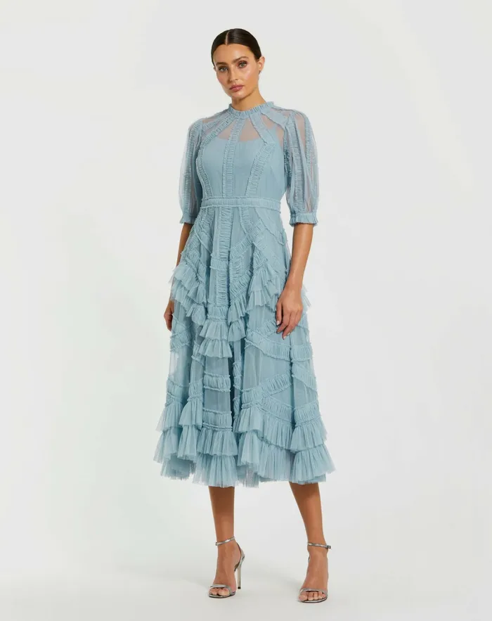 Daytime Dresses Women Light Blue High Neck Micro Ruffle Tiered Midi Dress French Blue Mac Duggal Daytime Dresses Women Light Blue High Neck Micro Ruffle Tiered Midi Dress French Blue Mac Duggal