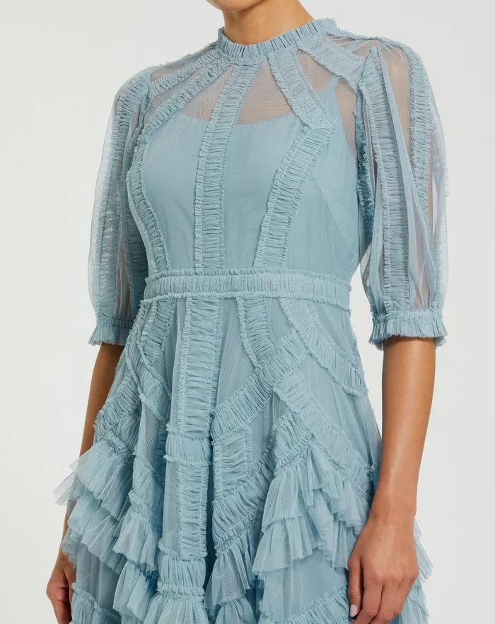 Daytime Dresses Women Light Blue High Neck Micro Ruffle Tiered Midi Dress French Blue Mac Duggal