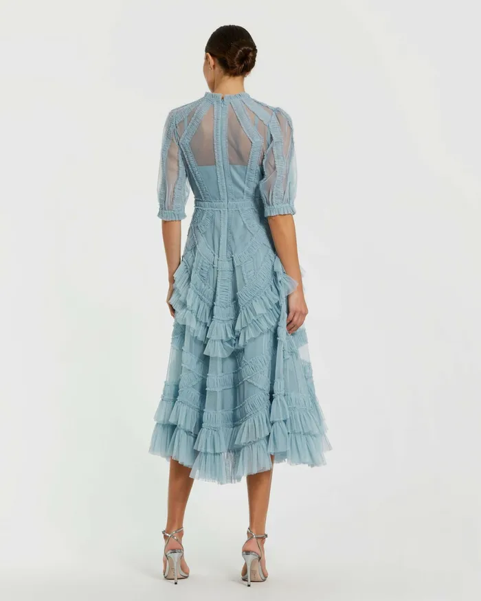 Daytime Dresses Women Light Blue High Neck Micro Ruffle Tiered Midi Dress French Blue Mac Duggal