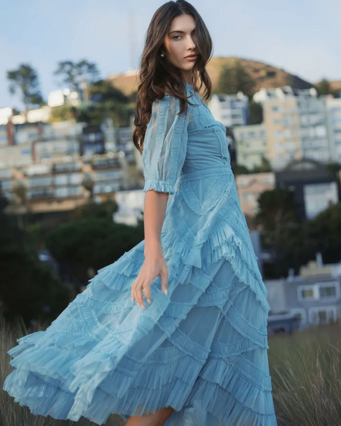 Daytime Dresses Women Light Blue High Neck Micro Ruffle Tiered Midi Dress French Blue Mac Duggal
