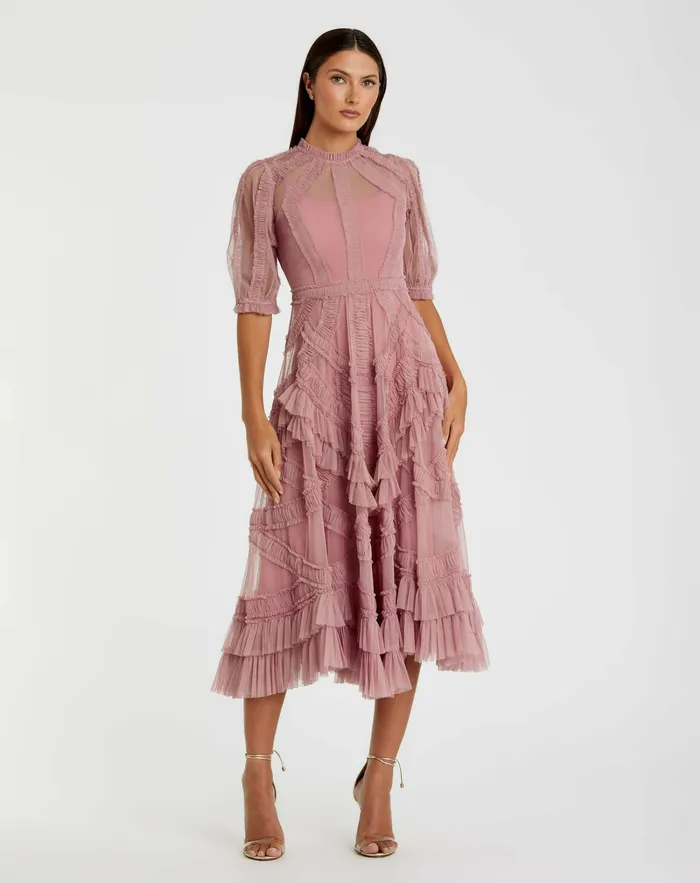 Daytime Dresses Women Pink High Neck Micro Ruffle Tiered Midi Dress Antique Rose Mac Duggal Daytime Dresses Women Pink High Neck Micro Ruffle Tiered Midi Dress Antique Rose Mac Duggal