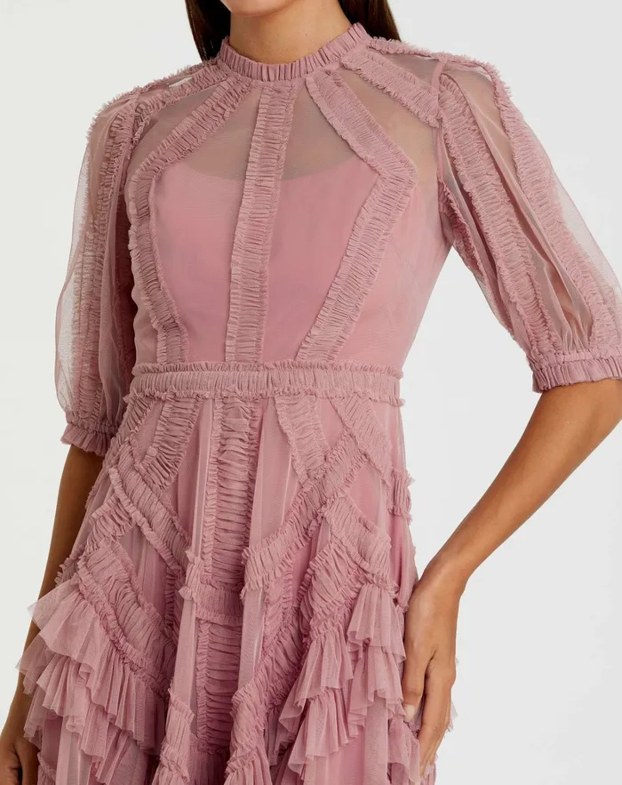 Daytime Dresses Women Pink High Neck Micro Ruffle Tiered Midi Dress Antique Rose Mac Duggal