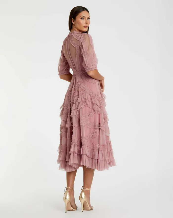 Daytime Dresses Women Pink High Neck Micro Ruffle Tiered Midi Dress Antique Rose Mac Duggal