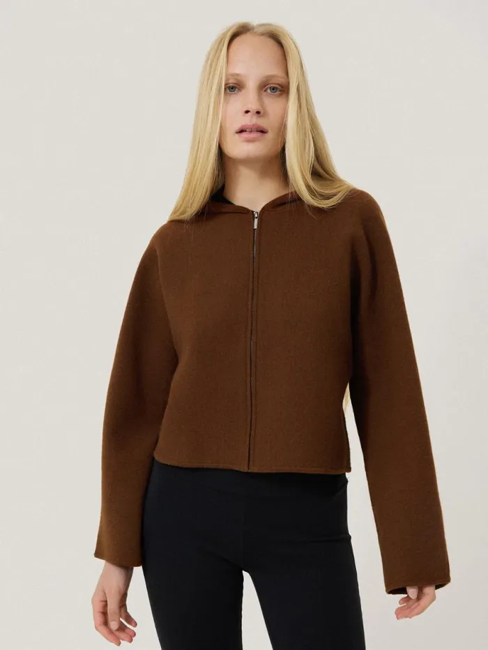 Double Face Zip Hoodie Brown Women Jigsaw Shirts and Tops