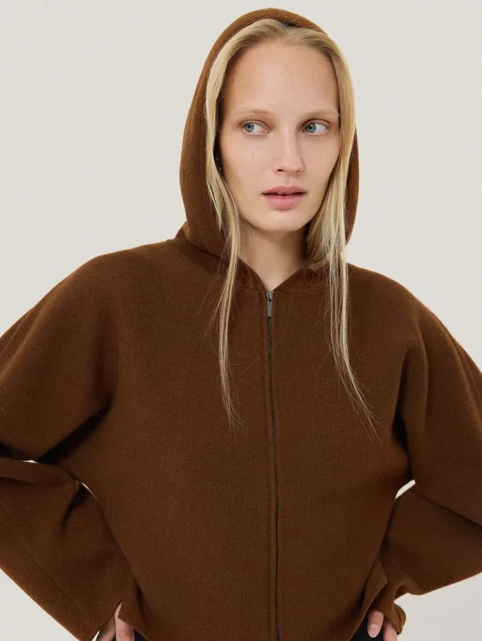 Double Face Zip Hoodie Brown Women Jigsaw Shirts and Tops