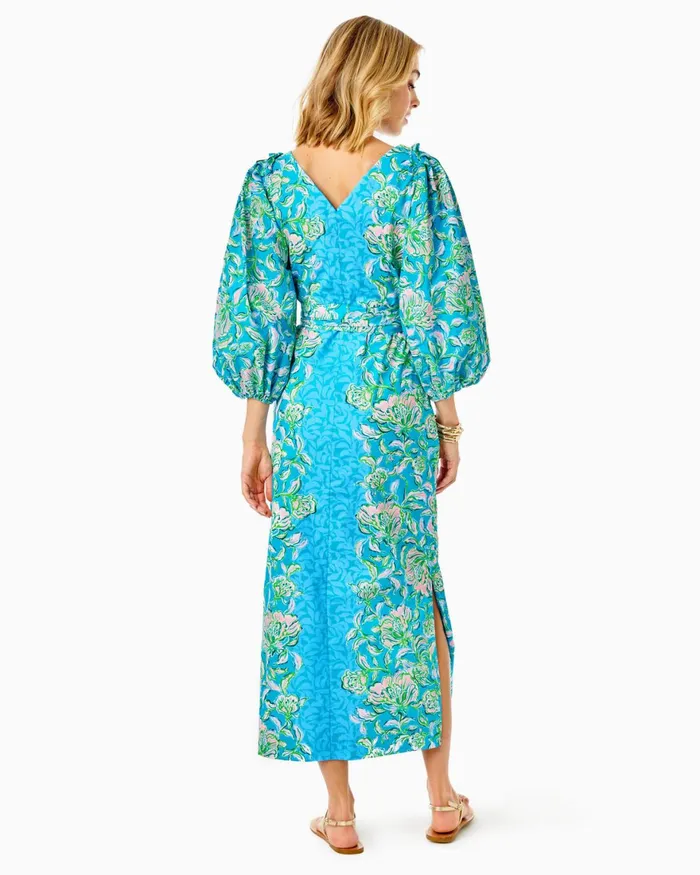 Dresses Women Lilly Pulitzer Barbara 34 Sleeve Cotton Maxi Dress Cumulus Blue Chick Magnet Engineered Woven Dress