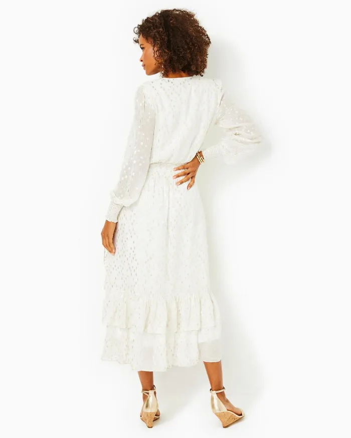 Dresses Women Lilly Pulitzer Cristiana Midi Dress Coconut Viscose Metallic Clip Dobby