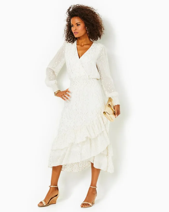 Dresses Women Lilly Pulitzer Cristiana Midi Dress Coconut Viscose Metallic Clip Dobby Dresses Women Lilly Pulitzer Cristiana Midi Dress Coconut Viscose Metallic Clip Dobby