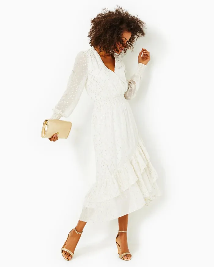 Dresses Women Lilly Pulitzer Cristiana Midi Dress Coconut Viscose Metallic Clip Dobby Dresses Women Lilly Pulitzer Cristiana Midi Dress Coconut Viscose Metallic Clip Dobby
