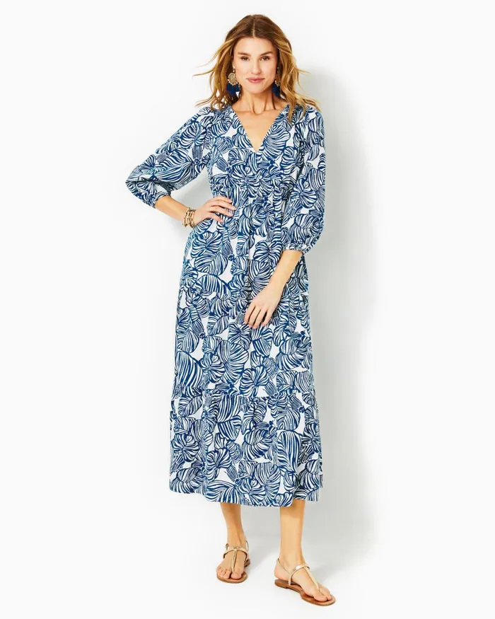 Dresses Women Lilly Pulitzer Deacon 34 Sleeve VNeck Cotton Maxi Dress Aegean Navy Beach Path Dresses Women Lilly Pulitzer Deacon 34 Sleeve VNeck Cotton Maxi Dress Aegean Navy Beach Path