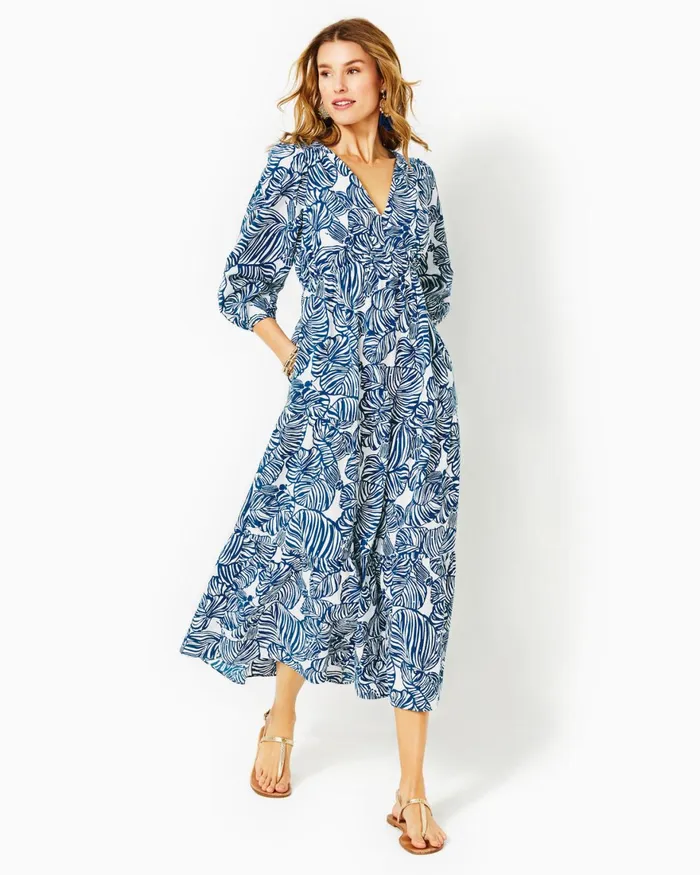 Dresses Women Lilly Pulitzer Deacon 34 Sleeve VNeck Cotton Maxi Dress Aegean Navy Beach Path Dresses Women Lilly Pulitzer Deacon 34 Sleeve VNeck Cotton Maxi Dress Aegean Navy Beach Path
