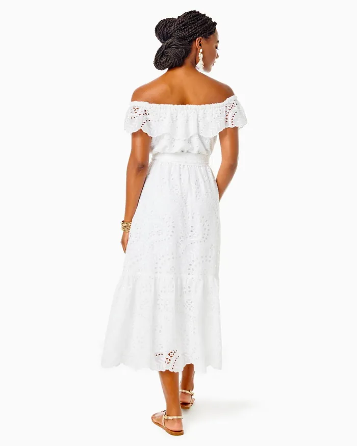 Dresses Women Lilly Pulitzer Geri OffTheShoulder Midi Dress Resort White Swirly Fern Scalloped Eyelet